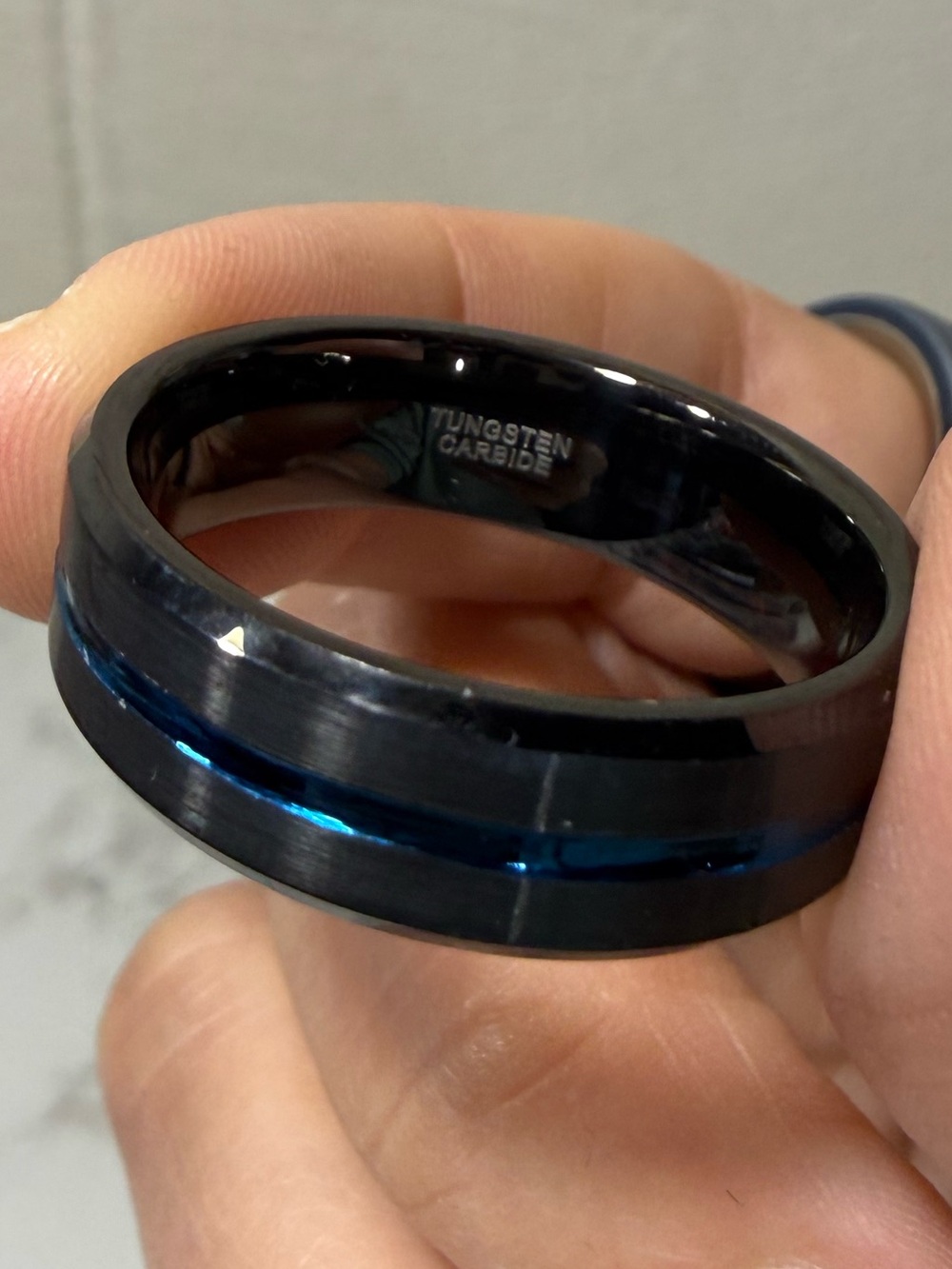 Men's Tungsten Carbide Black Ring with Blue Inlay